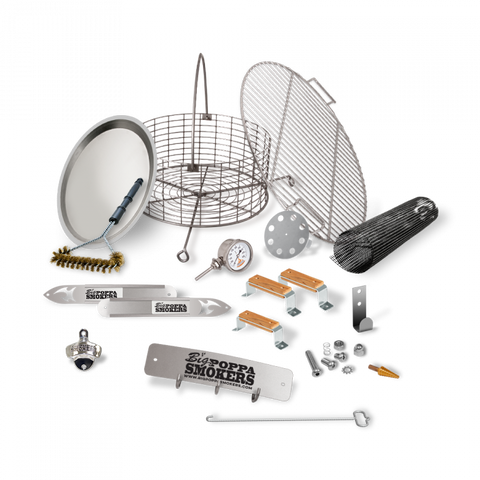 Comprehensive view of all components of the BPS DIY Drum Smoker Kit spread out on a patterned background, featuring a grill grate, drum handles, thermometer, ash catcher, and other hardware accessories.