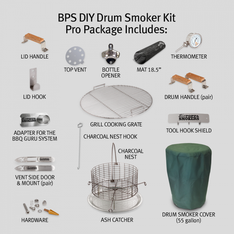 An informational layout showing various components of the BPS DIY Drum Smoker Kit Pro Package including a lid handle, top vent, bottle opener, mat, thermometer, drum handles, grill cooking grate, tool hook shield, charcoal nest, ash catcher, and drum smoker cover with labeled part names.
