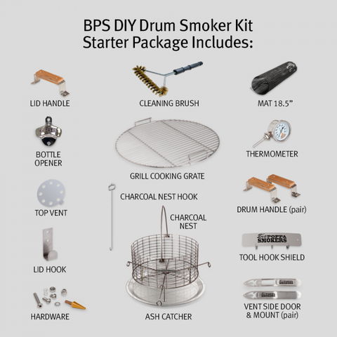 Detailed layout image of the BPS DIY Drum Smoker Kit Starter Package, showcasing various components including a lid handle, cleaning brush, bottle opener, grill cooking grate, thermometer, charcoal nest, and more, arranged neatly around text descriptions of each item.