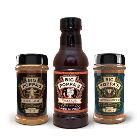 Three Big Poppa's products displayed side by side. From left to right: a jar of Double Secret Seasoning, a bottle of Granny's BBQ Sauce, and a jar of Southwest Brisket & Steak Seasoning. Each container features vibrant and distinctively styled labels indicating their specific culinary uses.