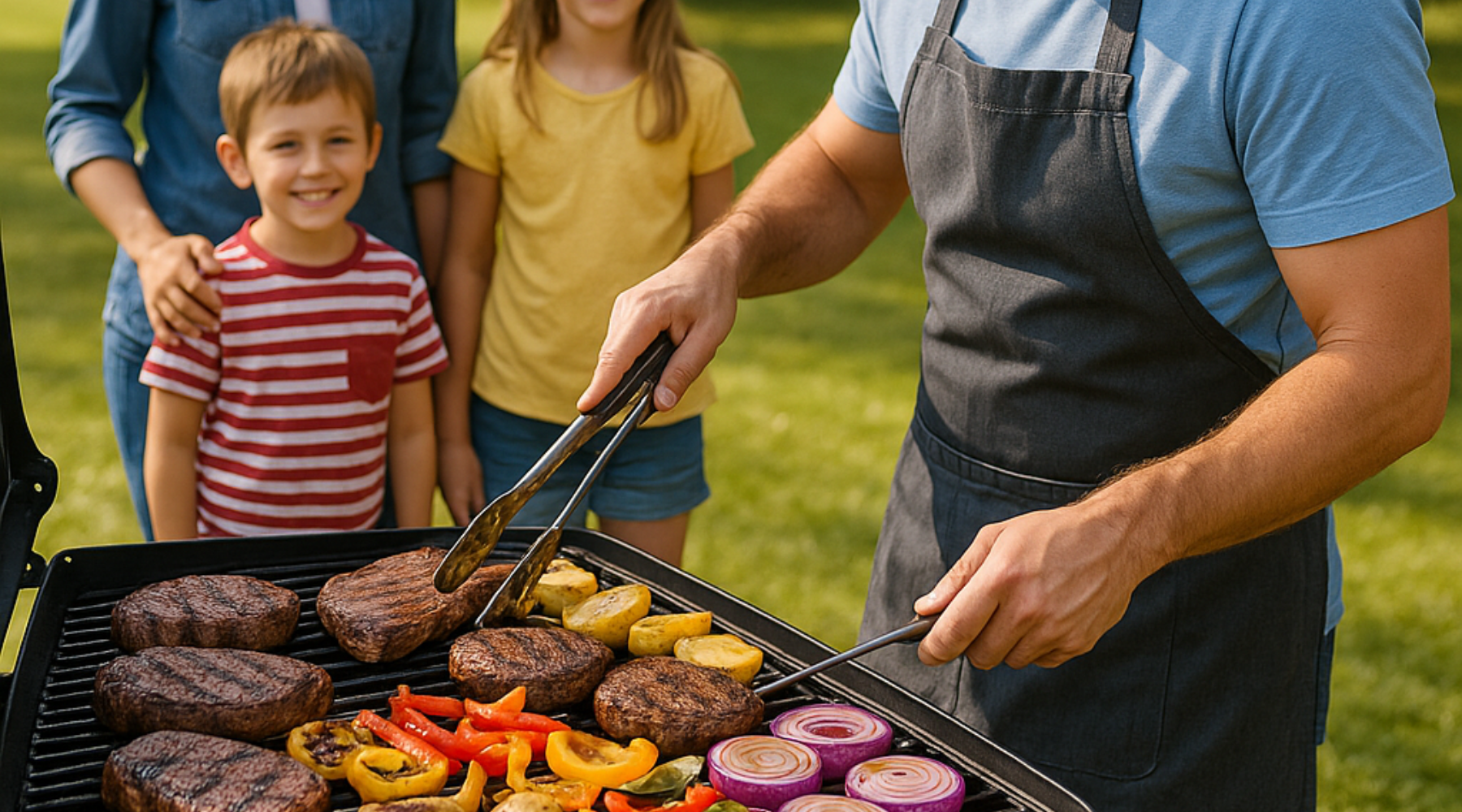 Dad grilling steaks and vegetables on the grill for the family