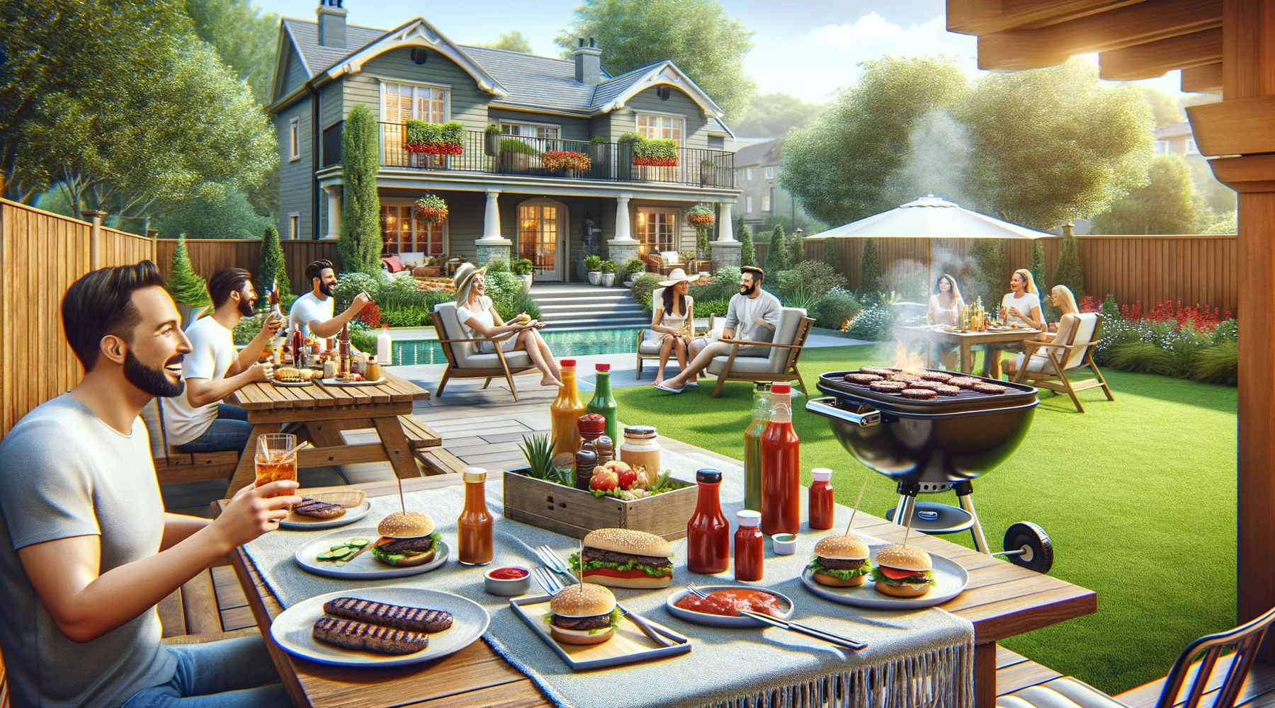 Illustration of a backyard bbq with lots of people and food.