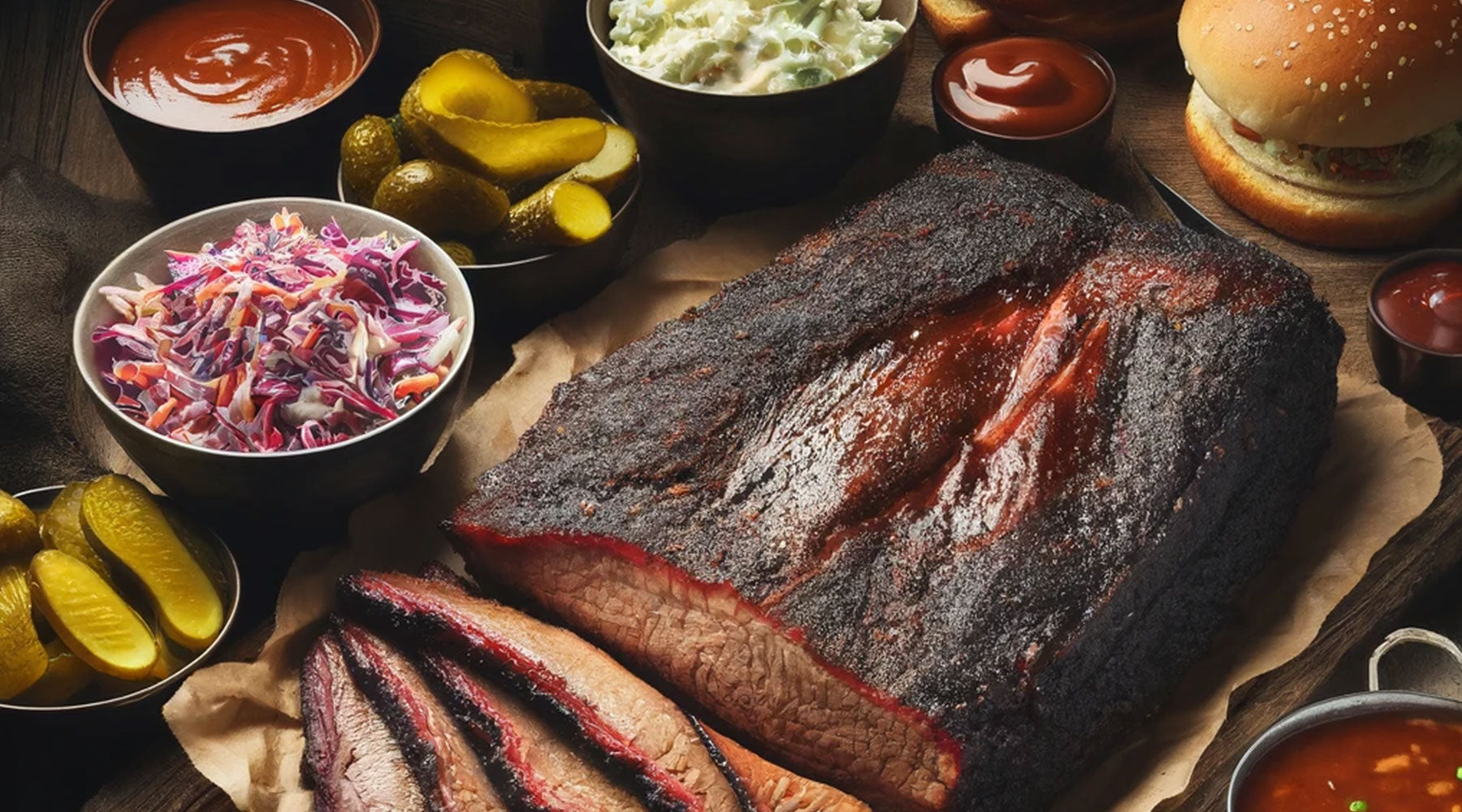 Texas style bbq image of brisket and all the side dishes.