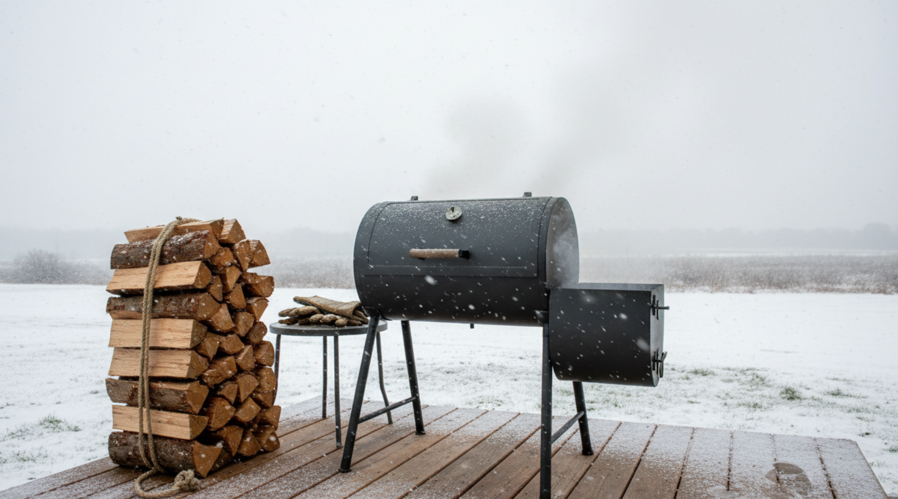 BBQ smoker out on the deck on a winter day