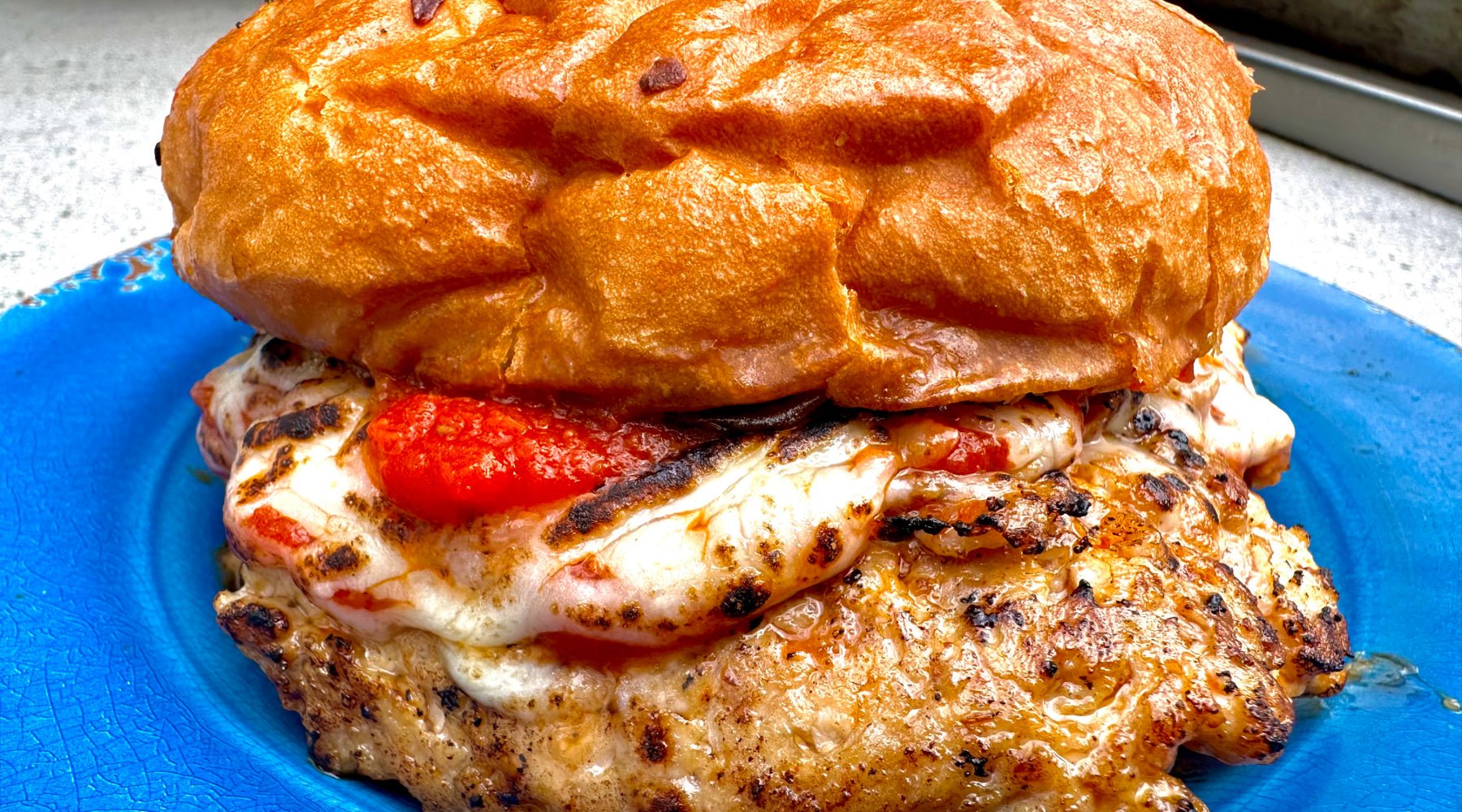 A close-up of a grilled chicken sandwich on a bright blue plate. The sandwich features a golden-brown toasted bun, melted cheese, and a slice of roasted tomato, with the chicken patty showing a slightly charred, juicy texture.