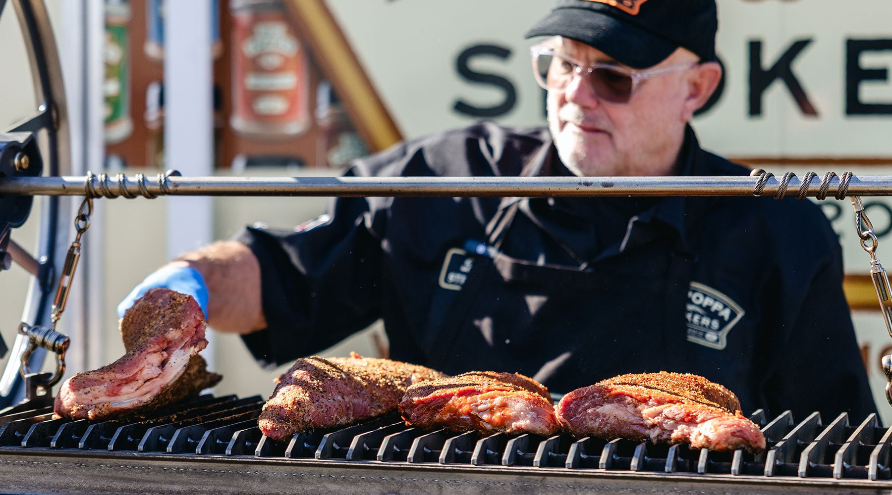 Big Poppa cooking on the Santa Maria as he is preparing tri-tip.