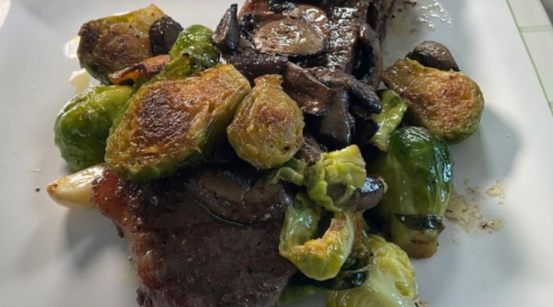 New York Strip Steak with Brussel Sprouts and Mushrooms