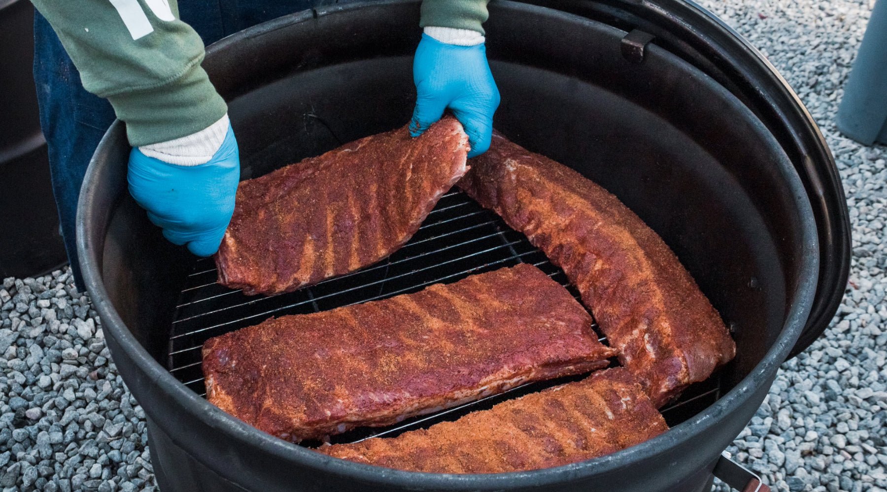 Teriyaki spare ribs cooking on the drum smoker.