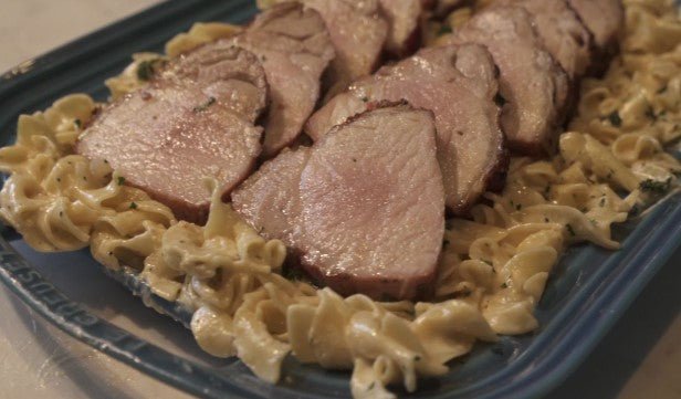 Big Poppa’s Roasted Garlic & Parmesan Pork Loin w/ Lemon Butter Cream Sauce & Egg Noodles