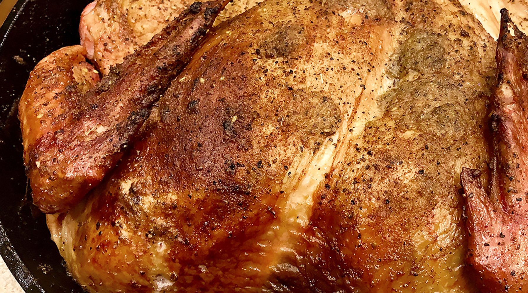 Up close image of a turkey in a roasting pan resting before carving.