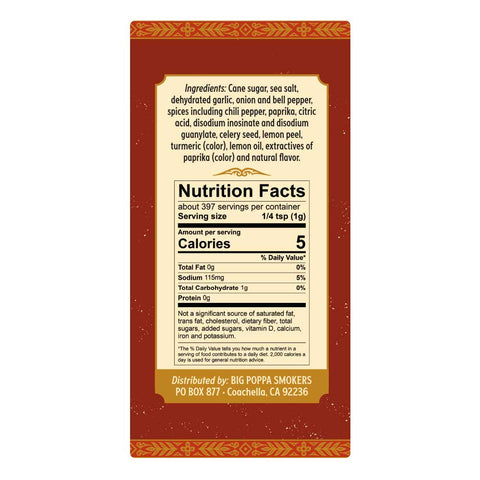 Label detailing ingredients and nutrition facts for Money Seasoning. Includes cane sugar, sea salt, dehydrated garlic, and various spices, surrounded by a decorative border in red and yellow on an orange background.