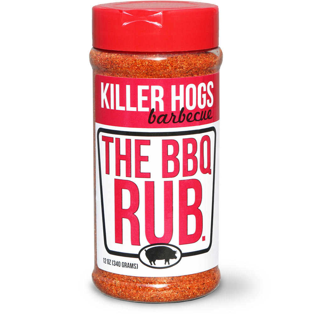 Front view of Killer Hogs The BBQ Rub with a pig displayed.