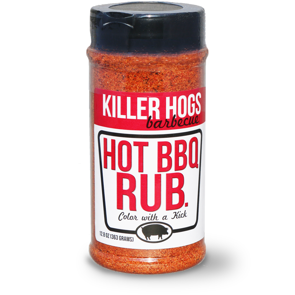 The front view of a Killer Hogs Hot BBQ Rub bottle. The label is red and white, featuring the product name prominently with the tagline 'Color with a Kick' below it. The bottle contains 12 ounces of the seasoning mix.