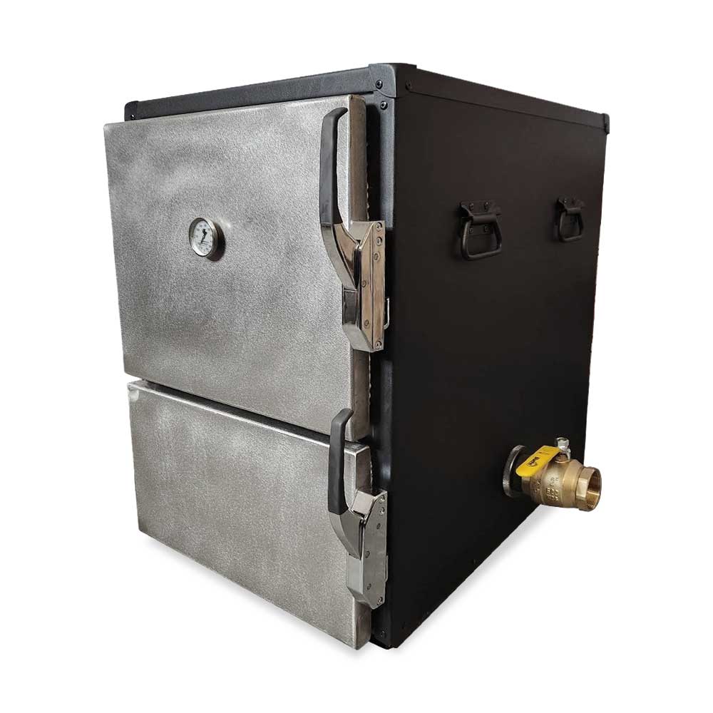 A cubed BBQ smoker with a black body and two silver doors, featuring a temperature gauge on the upper door and latch handles on both doors.