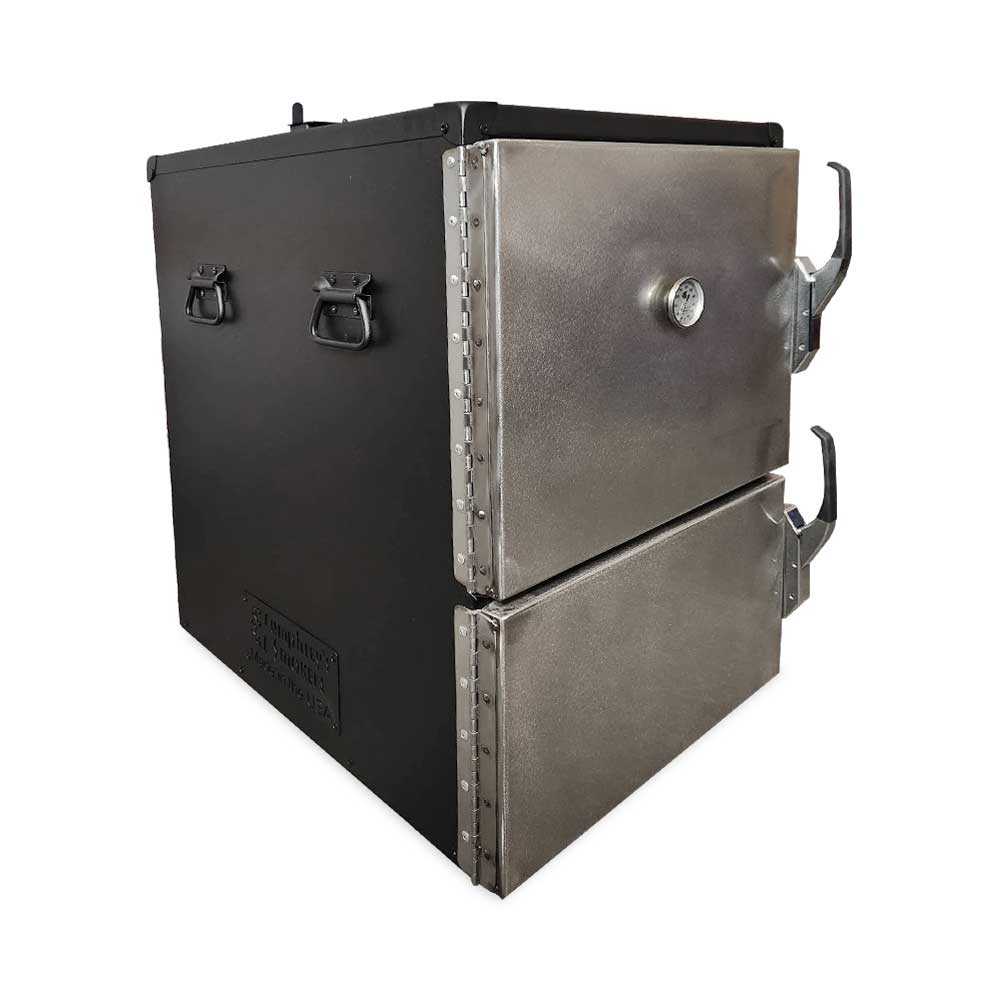 A cubed BBQ smoker with a black body and two silver doors, shown from an angle that highlights the sturdy latch handles and the compact design.