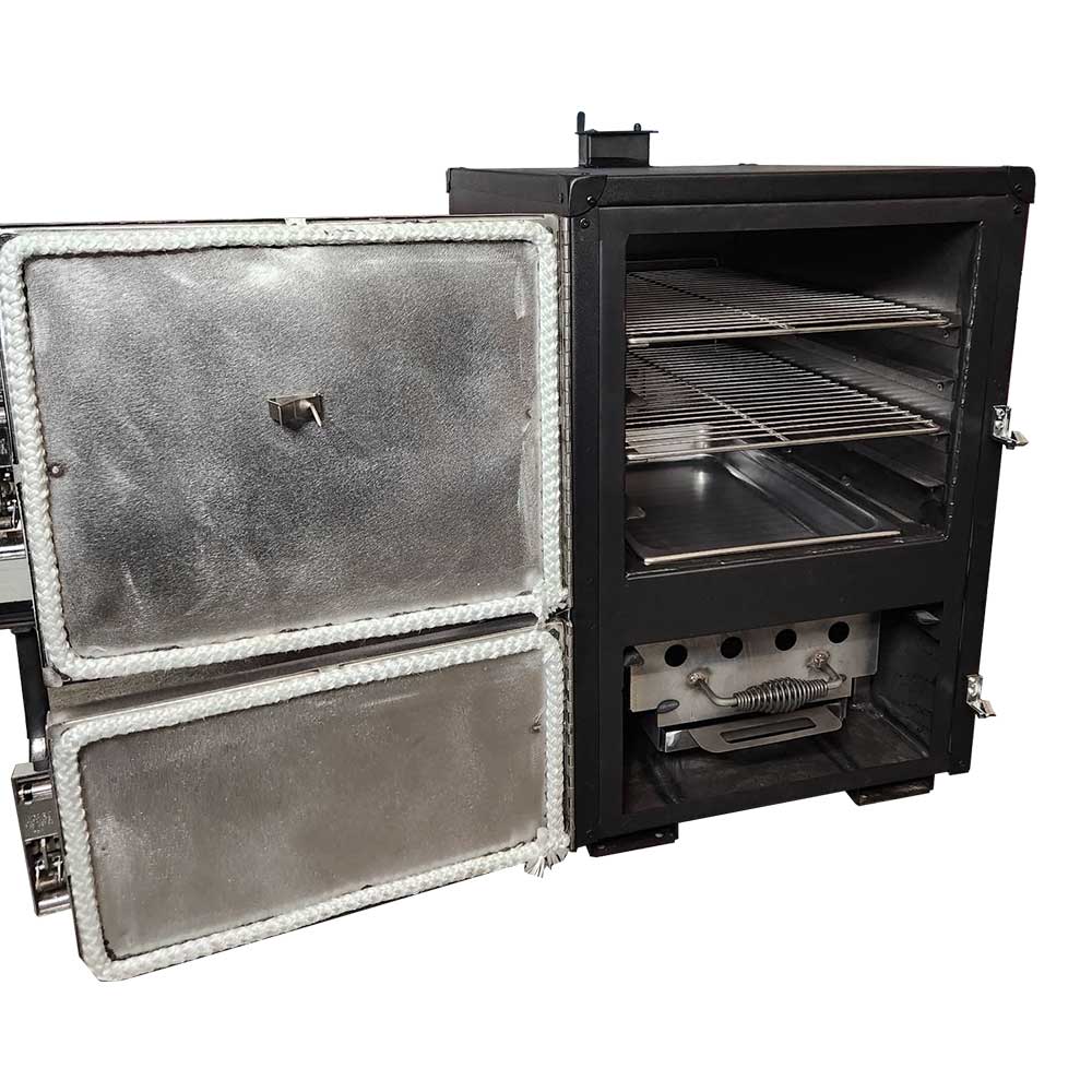 The interior of a BBQ smoker with two open silver doors, revealing multiple metal racks, a drip pan, and a charcoal drawer.