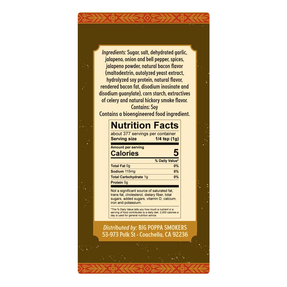 Label showing ingredients and nutritional information for a jalapeño bacon seasoning. Ingredients include dehydrated garlic, jalapeño, natural bacon flavor, among others, framed by a decorative golden and red border on a green background.