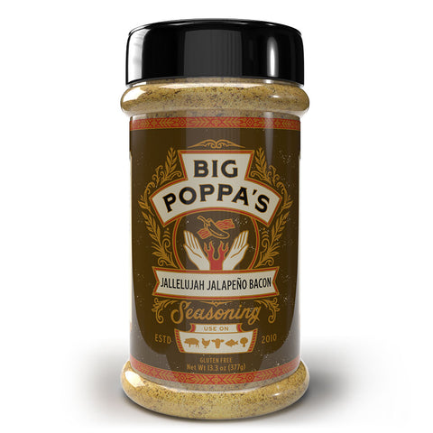 Bottle of 'Big Poppa's Jallelujah Jalapeño Bacon Seasoning' with a vintage-style label featuring icons of jalapeños and bacon strips, set against a dark green and gold ornate background.