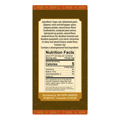 Label showing ingredients and nutritional information for a jalapeño bacon seasoning. Ingredients include dehydrated garlic, jalapeño, natural bacon flavor, among others, framed by a decorative golden and red border on a green background.