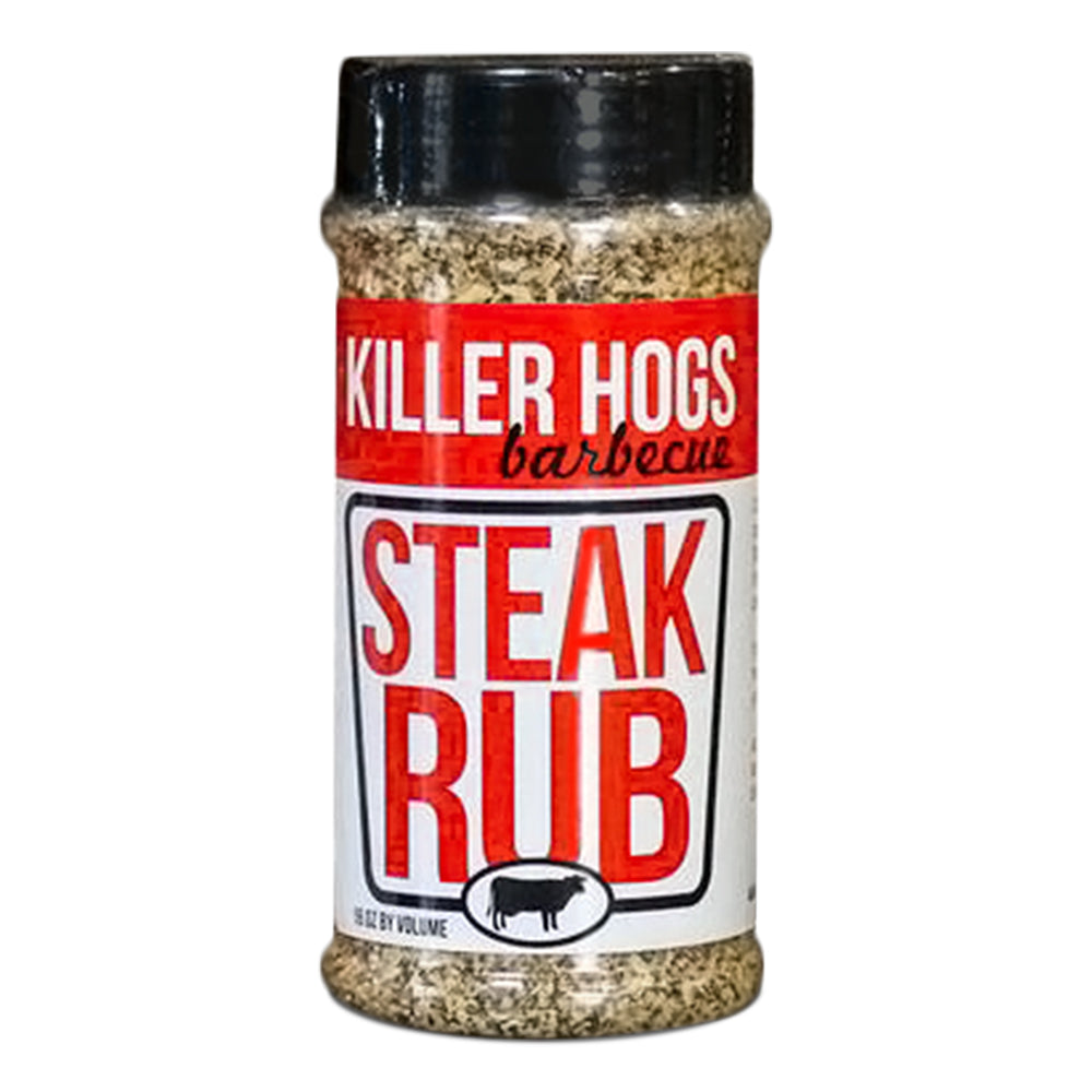 The front of a Killer Hogs Steak Rub bottle with a clear label showing bold red and white text. The label reads "Killer Hogs Barbecue Steak Rub," with a volume indication of 16 oz by volume. The bottle contains a mixture of coarse seasoning.