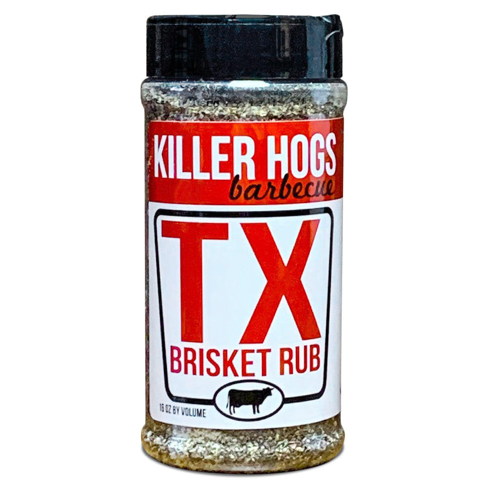 The front view of a Killer Hogs TX Brisket Rub bottle. The label is red and white, featuring the product name 'TX Brisket Rub' prominently. The bottle contains 11 ounces of the seasoning mix.