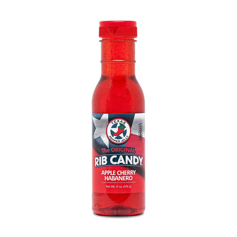 Texas Pepper Jelly Rib Candy Apple Cherry Habanero in a 17oz plastic bottle
