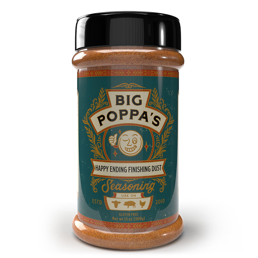 A clear plastic bottle of 'Big Poppa's Happy Ending Finishing Dust' seasoning. The label features a vintage design with a smiling face and ornamental gold and green accents. The bottle is set against a plain background.