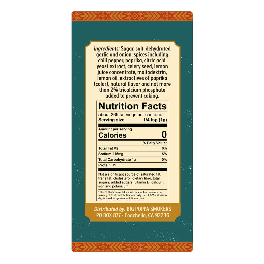 A label displaying ingredients and nutritional facts of a seasoning mix. Ingredients include sugar, salt, dehydrated garlic and onion, and various spices. The label is decorated with ornate red and yellow patterns on a green background.