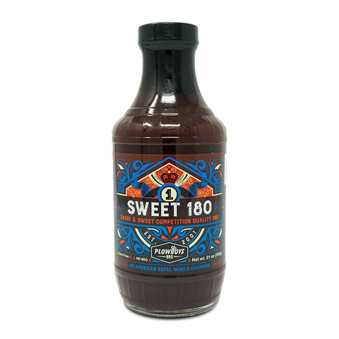 Plastic bottle of Plowboys' Sweet 180 BBQ Sauce.