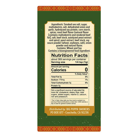 A label showing nutritional information and ingredients for Big Poppa's Cash Cow Seasoning, featuring green and orange decorative elements around the text.