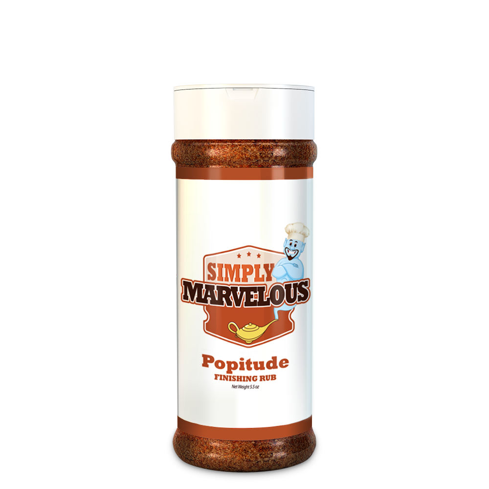 A clear plastic jar labeled 'Simply Marvelous Popitude Finishing Rub,' filled with a reddish-brown seasoning. The label features a smiling blue chef mascot and a golden genie lamp icon. The net weight is 5.5 ounces.