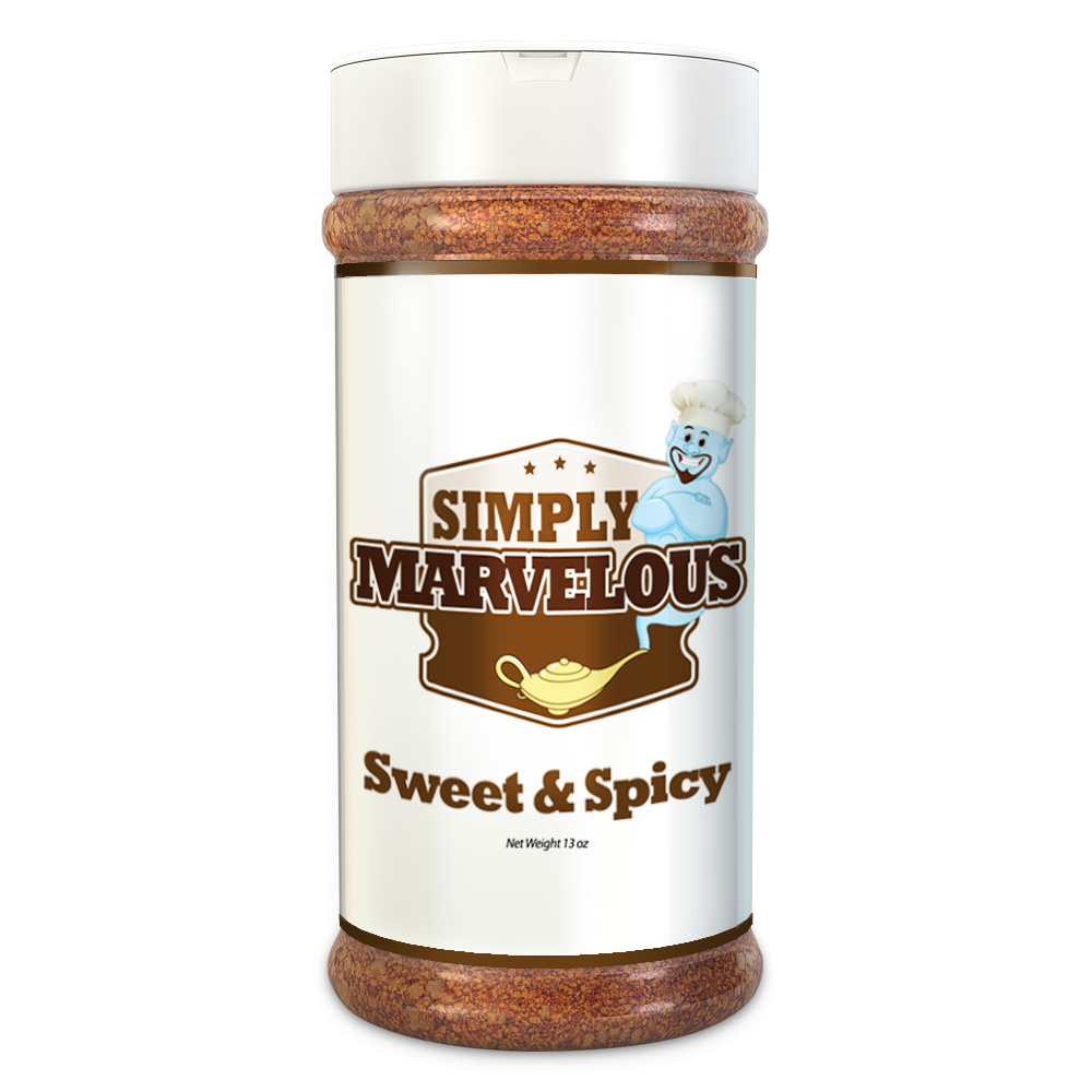 A clear plastic jar labeled 'Simply Marvelous Sweet & Spicy,' filled with a reddish-brown seasoning. The label features a smiling blue chef mascot and a golden genie lamp icon. The net weight is 13 ounces.