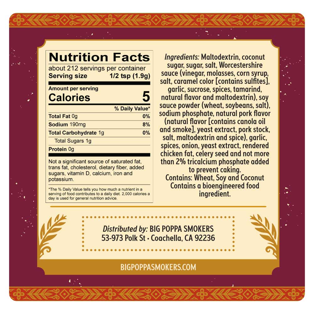 Detailed nutritional label for Pork Prod Pork Injection Seasoning featuring ingredients like maltodextrin, coconut sugar, and Worcestershire sauce. The label has a decorative red and gold border and lists allergens such as wheat, soy, and coconut.