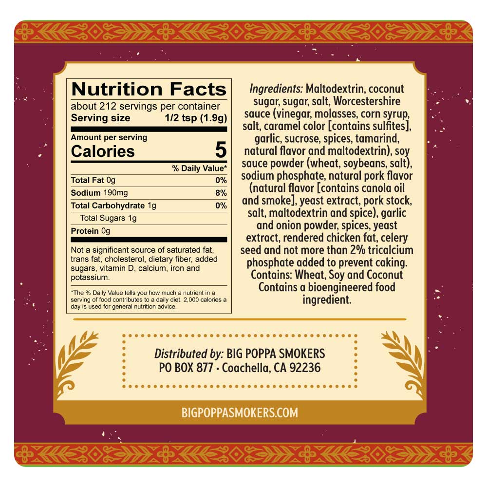 Detailed nutritional label for Pork Prod Pork Injection Seasoning featuring ingredients like maltodextrin, coconut sugar, and Worcestershire sauce. The label has a decorative red and gold border and lists allergens such as wheat, soy, and coconut.