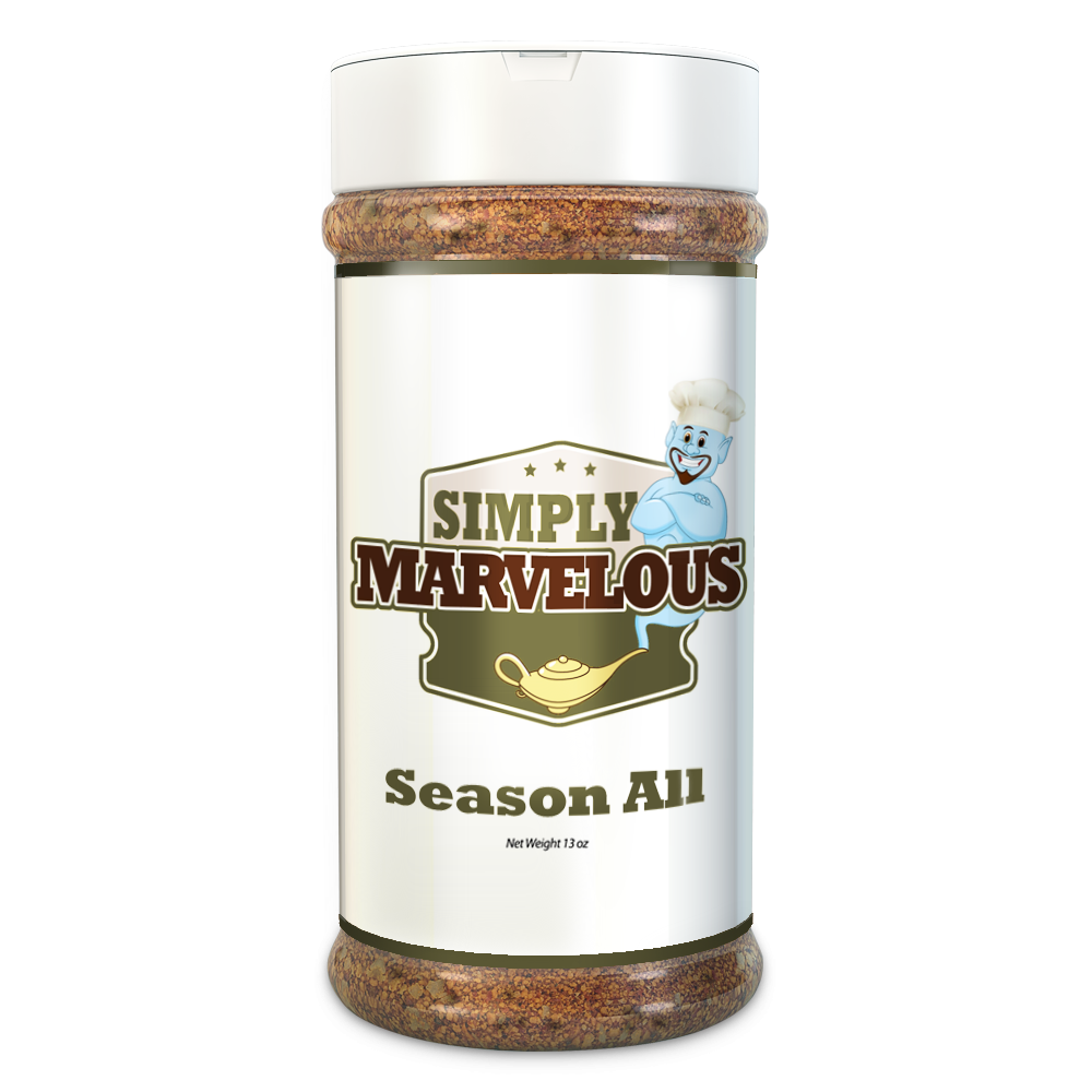 A bottle of Simply Marvelous Season All seasoning, 13 ounces. The label has a blue genie character with a chef's hat, the product name, and a gold lamp illustration.