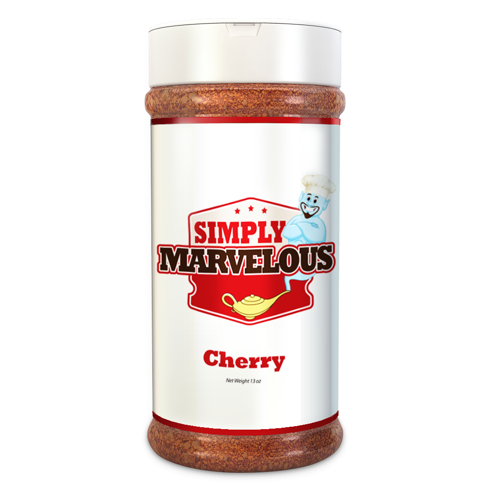 A bottle of Simply Marvelous Cherry seasoning with a white cap, red label, and an illustration of a genie lamp and a smiling chef.