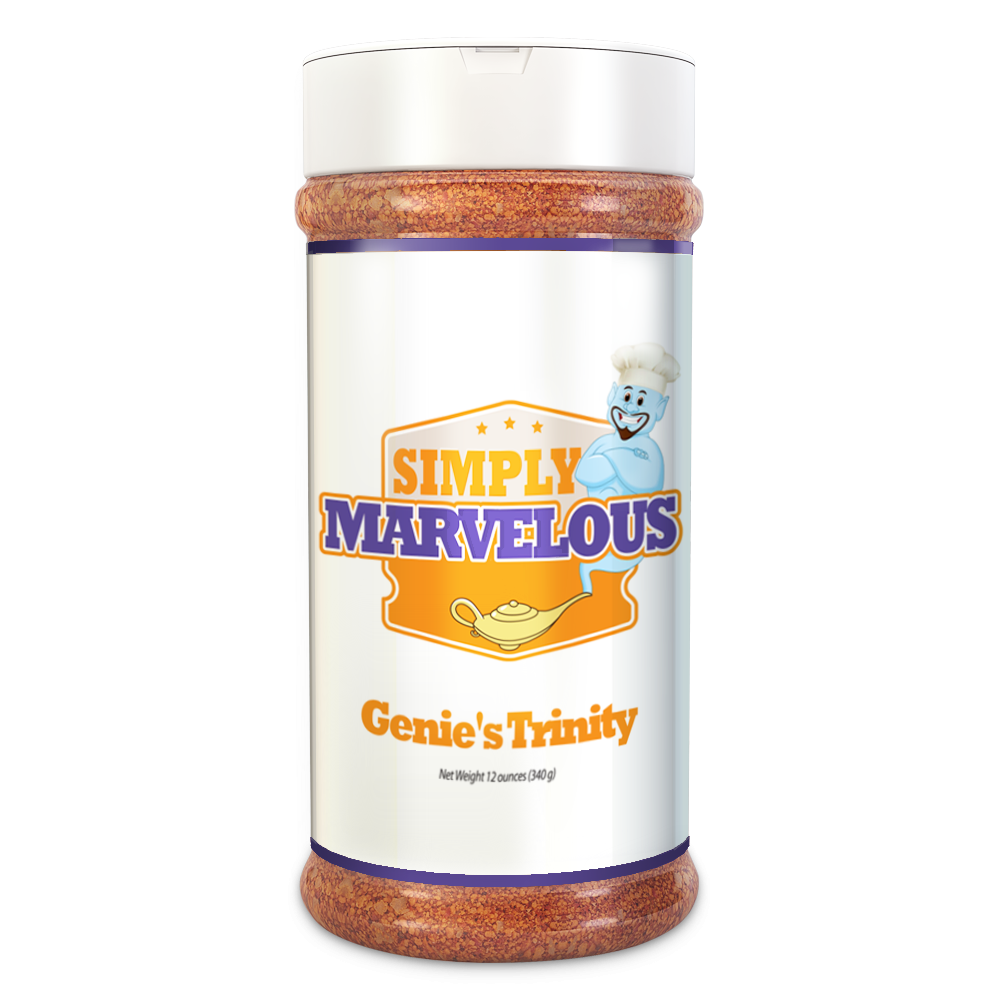 A bottle of Simply Marvelous BBQ Genie's Trinity rub with a label that includes a genie wearing a chef's hat, the text "Simply Marvelous," and an illustration of a genie lamp.