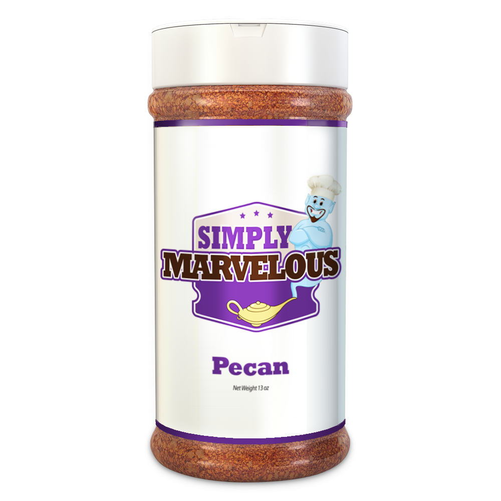 A bottle of Simply Marvelous BBQ Pecan rub with a label that includes a genie wearing a chef's hat, the text "Simply Marvelous" in purple, and an image of a yellow genie lamp. The word "Pecan" is written below.