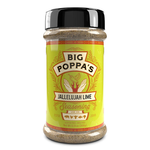 Transparent plastic bottle of 'Big Poppa's Jallelujah Lime Seasoning' with a yellow label featuring a design of hands holding a lime, surrounded by intricate gold and green decorative elements.