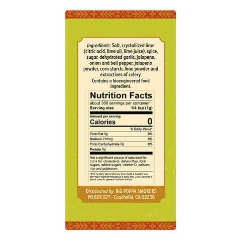 Detailed label showing ingredients and nutrition facts for Jallelujah Lime Seasoning. Includes crystallized lime, dehydrated garlic, and jalapeño among other spices, framed by ornate red and yellow patterns on a green background.