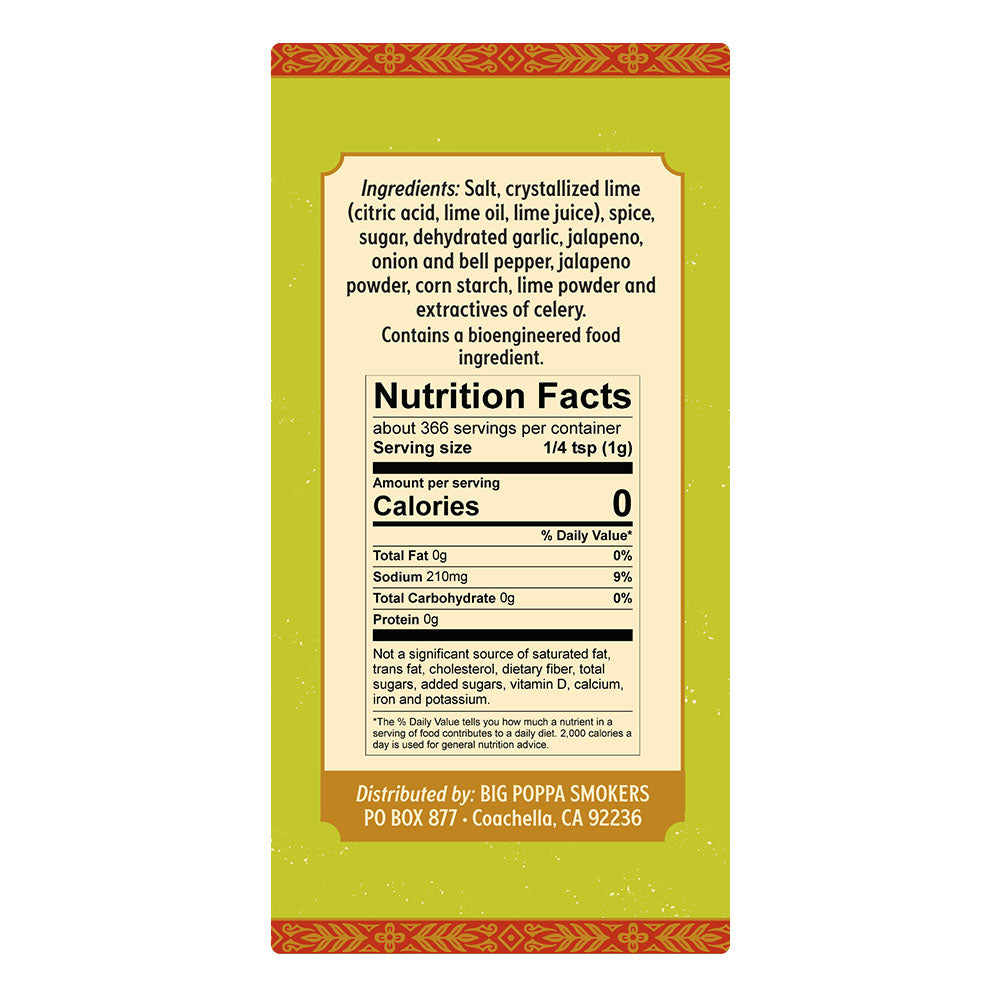 Detailed label showing ingredients and nutrition facts for Jallelujah Lime Seasoning. Includes crystallized lime, dehydrated garlic, and jalapeño among other spices, framed by ornate red and yellow patterns on a green background.