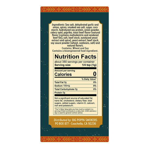 A nutrition facts label on a seasoning container, showing a serving size of 1/4 teaspoon with 0 calories. The ingredients list includes sea salt, dehydrated garlic, smoked sea salt, and various spices. The label is set against a green background framed by an ornate red and gold tribal pattern.