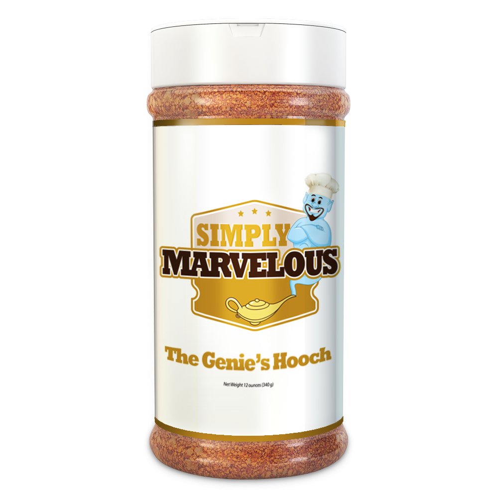 A white plastic jar of Simply Marvelous The Genie's Hooch Rub with a white lid. The label features a gold background with a cartoon genie wearing a chef's hat and holding a magic lamp.