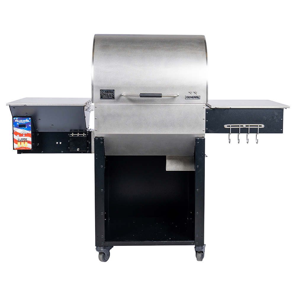 Front view of a MAK Grills pellet smoker with a stainless steel exterior, side shelves, and a 'Pellet Boss' control panel on the left.