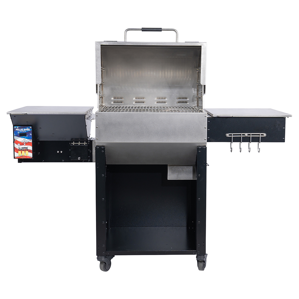 MAK Grills pellet smoker with the lid open, revealing the stainless steel grilling chamber and metal grates.