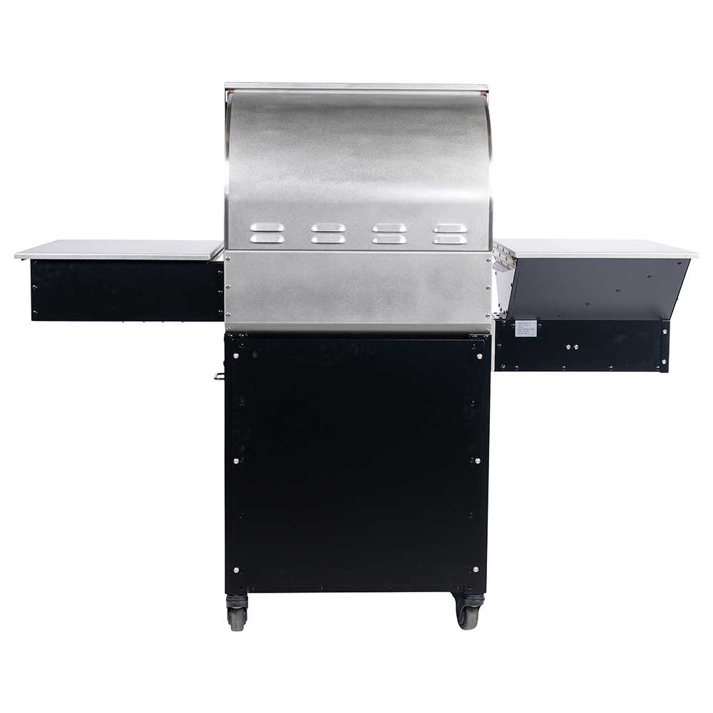 Rear view of a MAK Grills pellet smoker with a stainless steel lid, black base, and side shelves, showcasing the back panel design.