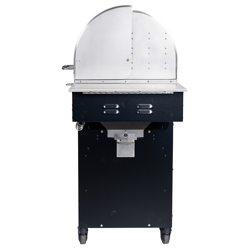 Side view of a MAK Grills pellet smoker with a stainless steel body and black base, mounted on wheels for mobility.