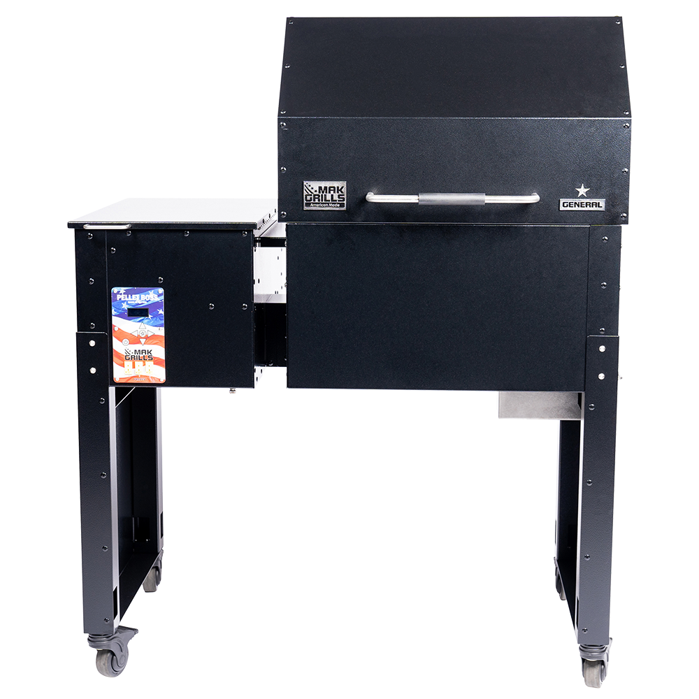 MAK 1 Star General pellet grill with a black finish, featuring a sturdy build and a handle on the front panel.
