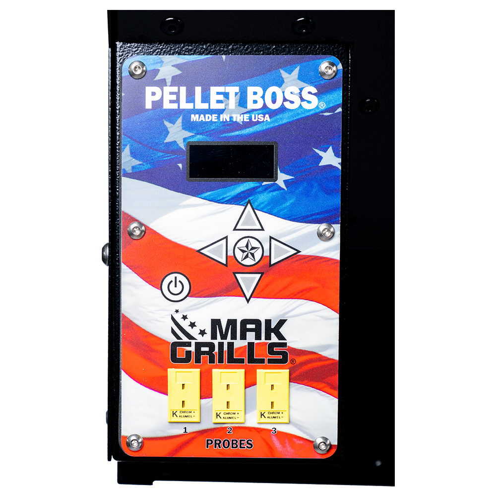 Close-up of the control panel labeled "Pellet Boss" with an American flag background and MAK Grills branding, showing probe ports and control buttons.