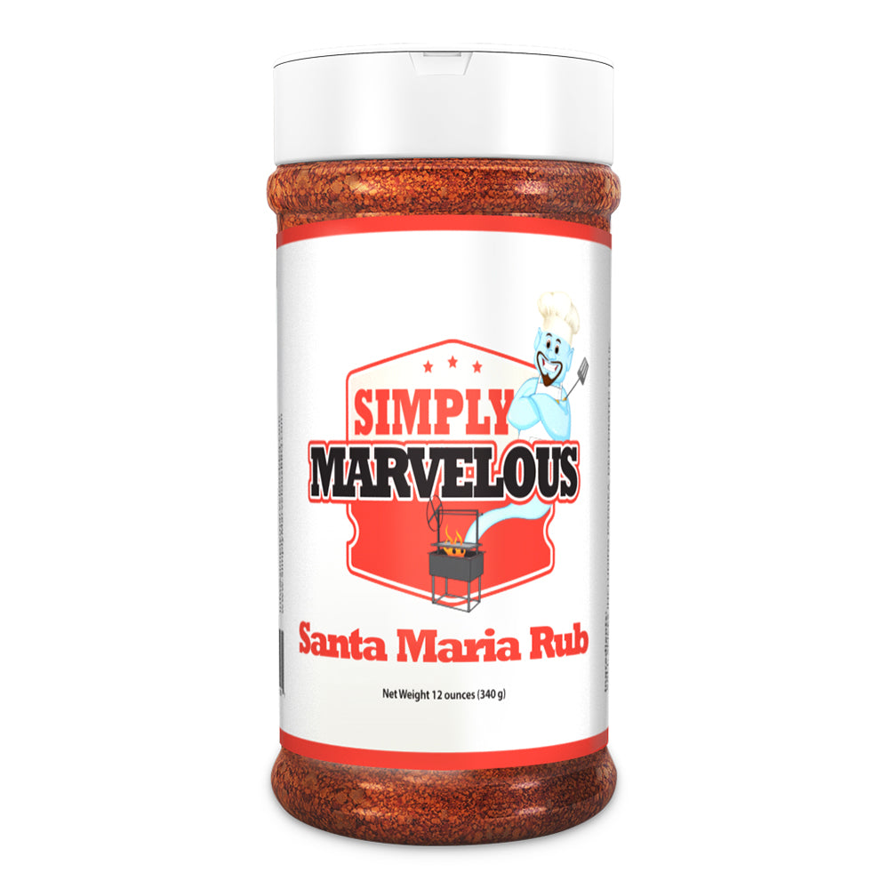 A 12-ounce container of Simply Marvelous Santa Maria Rub. The label features a cheerful blue character wearing a chef hat and holding a fork, alongside a barbecue grill illustration with flames. The product name 'Simply Marvelous' is prominently displayed in red and black text.
